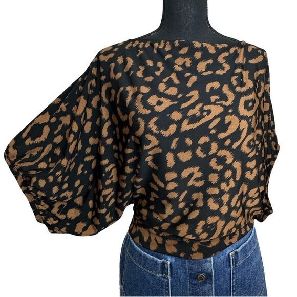 ALBERTO MAKALI Black & Brown Leopard Print Peasant Flounce Shirt Size Small - Picture 3 of 12
